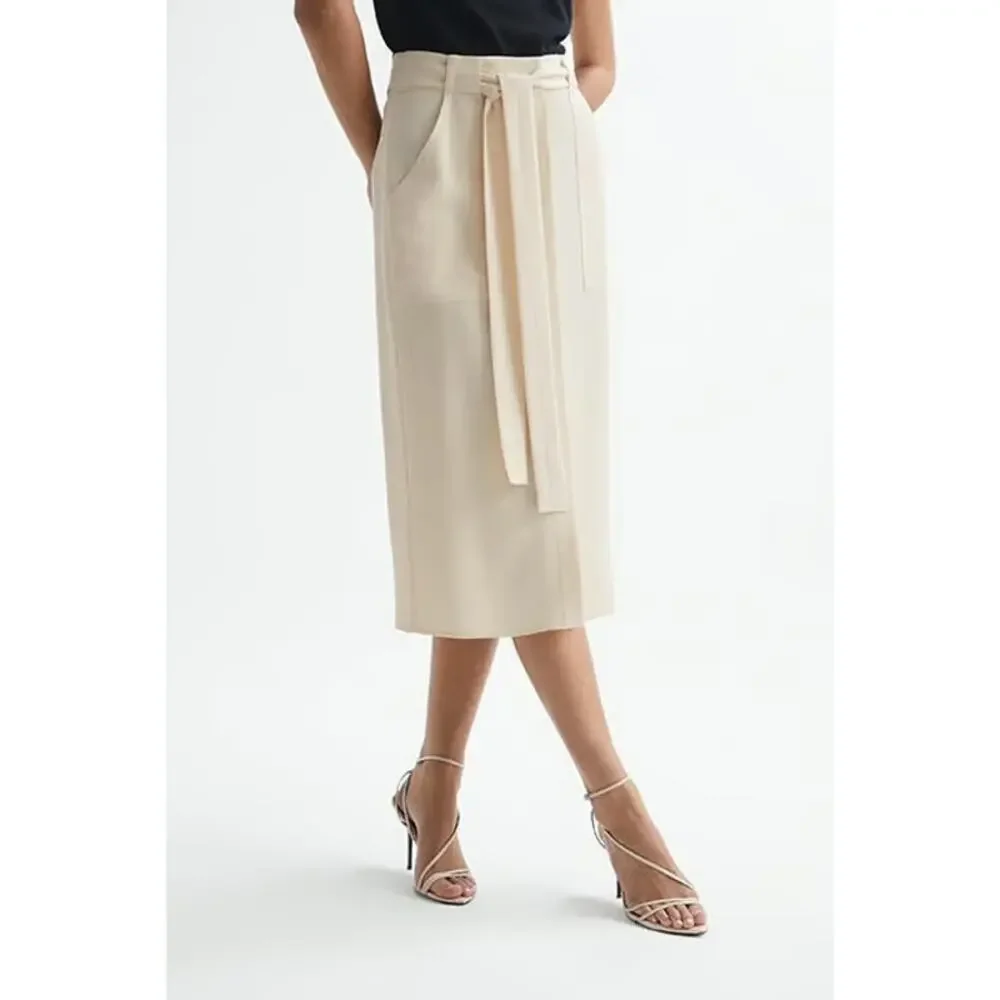 Reiss Dani Quiet Luxury Cream Tie Front Classic Career Midi Skirt 4